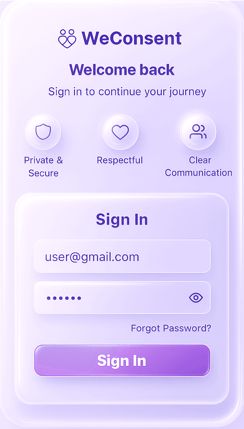 WeConsent app interface showing respectful communication features